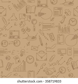 Seamless background with simple hand-drawn icons on a theme business, Sepia