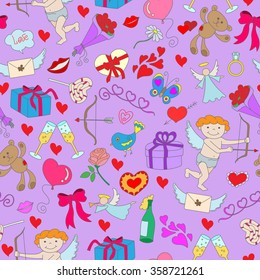 Seamless background with simple hand-drawn icons on the theme of Valentine's day on a purple substrate