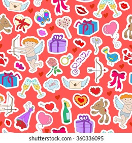  Seamless background with simple hand-drawn icons labels on the theme of Valentine's day on a red backing