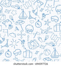 Seamless background with simple hand-drawn icons on the theme of summer and vacation, blue  contour  icons on the clean writing-book sheet in a cage