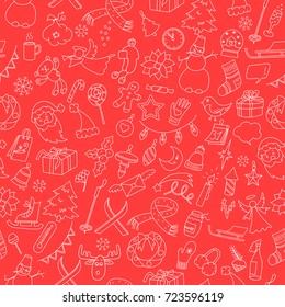 Seamless background with simple hand-drawn icons on the theme of winter holidays, the white outline on red background