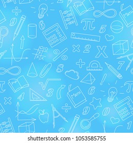 Seamless background with simple icons on the theme of mathematics and learning , bright outline on a blue background