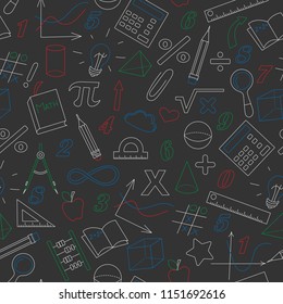 Seamless background with simple icons on the theme of mathematics and learning , colored chalk on a dark blackboard