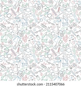 Seamless background with simple icons on a theme medicine and health, colored marker on white background