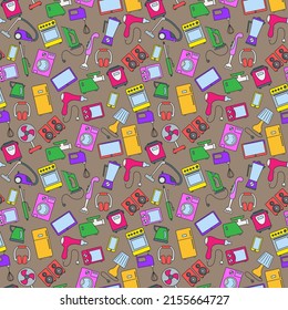 Seamless background with a simple  icons on the topic of household appliances, a colored icons on a brown background