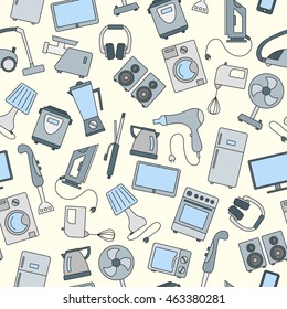 Seamless background with a simple  icons on the topic of household appliances, a colored icons on a light background