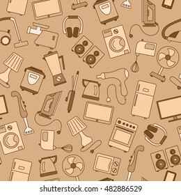 Seamless background with a simple  icons on the topic of household appliances, gamma beige