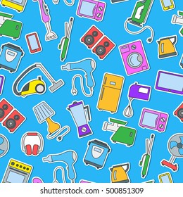Seamless background with a simple  icons on the topic of household appliances, a colored icons on a blue background