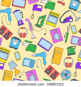 Seamless background with a simple  icons on the topic of household appliances, a colored icons on a yellow background