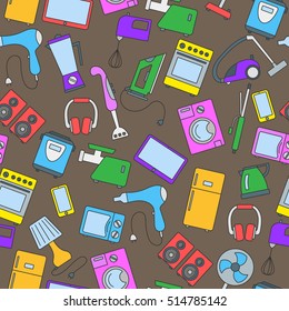 Seamless background with a simple  icons on the topic of household appliances, a colored icons on a brown background