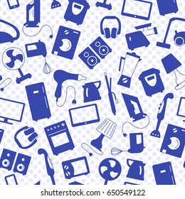 Seamless background with a simple  icons on the topic of household appliances, a blue silhouettes of icons on the background of polka dots