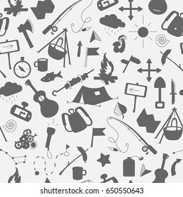Seamless background with simple  icons on the theme of camping and traveling, a grey silhouettes of icons on the light background 