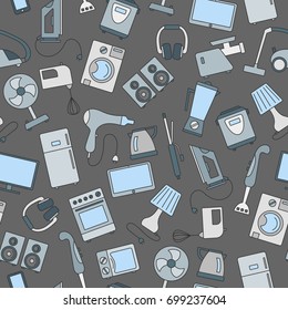 Seamless background with a simple  icons on the topic of household appliances, a colored icons on a dark background