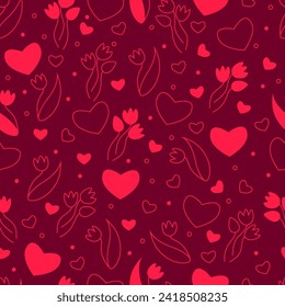 Seamless background with simple images of hearts and tulips. Size 2000*2000 pixels.