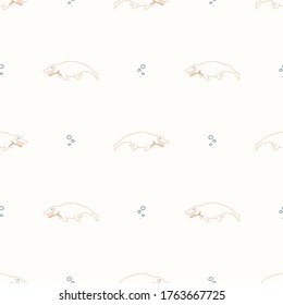 Seamless background simple Mosasaurus dinosaur with fossil gender neutral baby pattern. Simple whimsical minimal earthy 2 tone color. Kids nursery wallpaper or boho cartoon animal fashion.