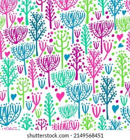 Seamless background simple pattern trees and flowers. Vector illustration