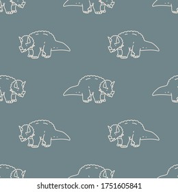 Seamless background simple Triceratops dinosaur gender neutral baby pattern. Whimsical minimal earthy 2 tone color. Kids nursery wallpaper or boho cartoon animal fashion all over print.