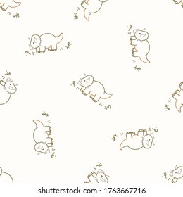 Seamless background simple Triceratops dinosaur gender neutral baby pattern. Whimsical minimal earthy 2 tone color. Kids nursery wallpaper or boho cartoon animal fashion all over print.