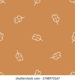 Seamless Background Single Oak Leaf Gender Neutral Baby Pattern. Simple Whimsical Minimal Earthy 2 Tone Color. Kids Nursery Wallpaper Or Boho Woodland Nature Fashion All Over Print.