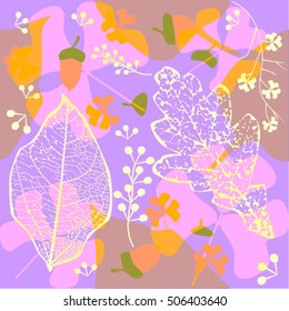 Seamless background with skeleton leaves and oak acorn. Vector pattern 