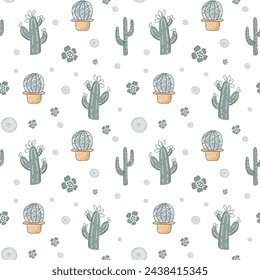 Seamless background with sketch cactus and succulents. Cute simple pattern with mexican doodle elements.  