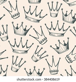 Seamless background with sketch crown. Vintage vector pattern with princess king crowns. Hand drawn doodle crown