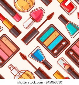 Seamless background with sketch different decorative cosmetics. Lipstick, nail polish, eye shadow