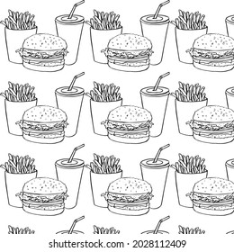 Seamless background with sketch fast food isolated on white background. Restaurant menu, cafe. Hot dog, french fries,soda.