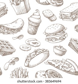 Seamless Background With Sketch Fast Food. Pattern With Hand Drawn Elements On White Background. Fast Food Restaurant, Menu. Hot Dog, Sandwich, Waffles, Pizza, French Fries, Ice Cream, Donuts, Burger