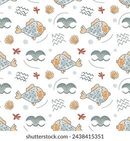 Seamless background with sketch fish and whale tail. Cute simple pattern with sea doodle elements.  