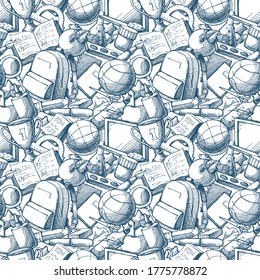 Seamless background with sketch illustration of school supplies. Doodle "back to school" seamless pattern