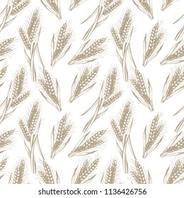 Seamless background with sketch illustration of wheat ears. Vintage hearvest Pattern