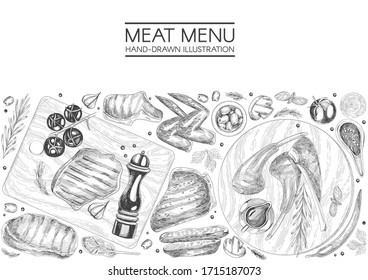 Seamless background with sketch meat products