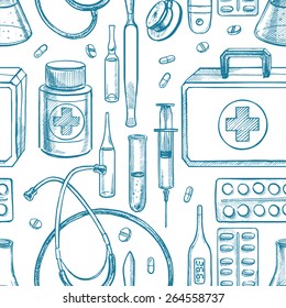 Seamless Background With Sketch Medical Supplies. Hand-drawn Illustration