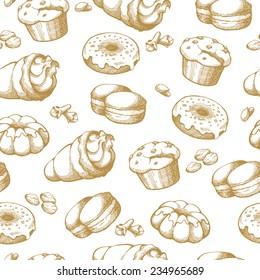 Seamless background with sketch pastries, sweets, desserts. Pattern with hand drawn elements