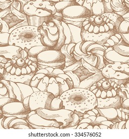 Seamless background with sketch pastries, sweets, baked goods, desserts. Pattern with hand drawn elements