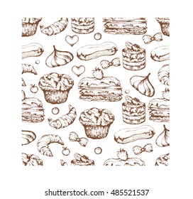 Seamless background with sketch pastries, sweets, baked goods, desserts. Pattern with hand drawn elements