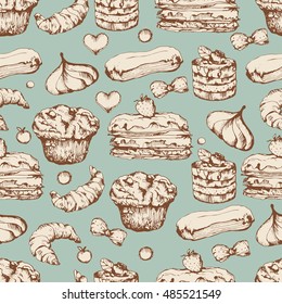 Seamless background with sketch pastries, sweets, baked goods, desserts. Pattern with hand drawn elements