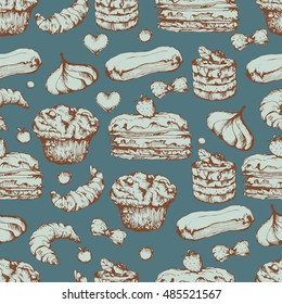Seamless background with sketch pastries, sweets, baked goods, desserts. Pattern with hand drawn elements
