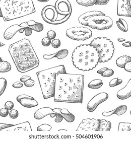 Seamless Background With Sketch Snack Food. Pattern With Hand Drawn Elements On White Background. Fast Food Restaurant, Menu. Crackers, Cookies, Biscuits, Chips, Nuts