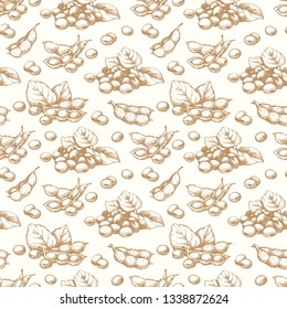 Seamless background with sketch soy beans. Pattern with hand drawn elements on white background. Soy milk pattern