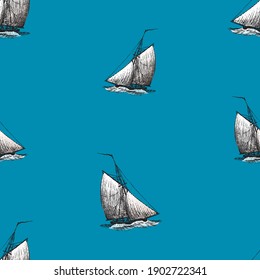Seamless background of sketches ancient sailing boats in the sea