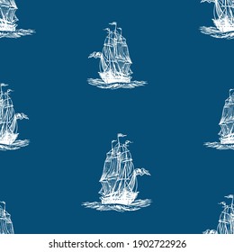 Seamless background of sketches ancient sailing ship in the sea