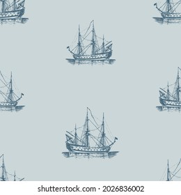 Seamless background of sketches ancient sailing ships in sea trip