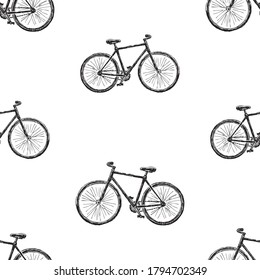 Seamless background of sketches bicycles for active walks