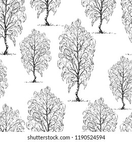 Seamless background of sketches of birch trees