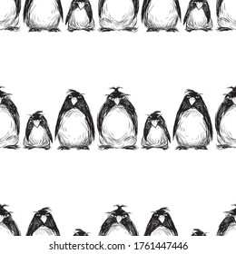 Seamless background of sketches cartoon funny penguins standing in rows