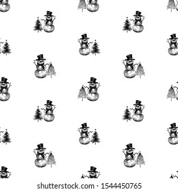 Seamless background of sketches cheerful snowmen with christmas trees