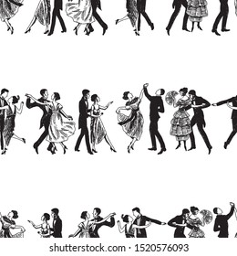 Seamless background of sketches of dancing vintage couple