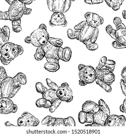 Seamless background of sketches of different teddy bears